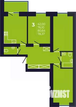 3-к квартира, строящийся дом, 78м2, 5/12 этаж