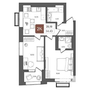 2-к квартира, строящийся дом, 54м2, 8/21 этаж