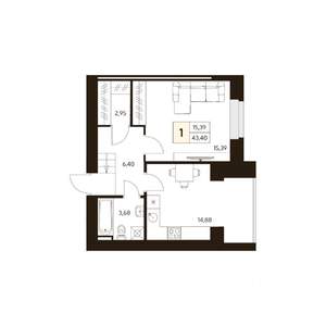 1-к квартира, строящийся дом, 43м2, 1/10 этаж