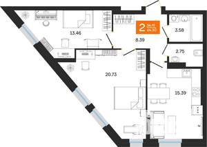 2-к квартира, вторичка, 64м2, 2/25 этаж