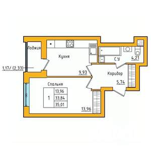 1-к квартира, строящийся дом, 35м2, 26/27 этаж