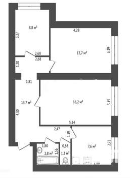 3-к квартира, вторичка, 64м2, 7/14 этаж
