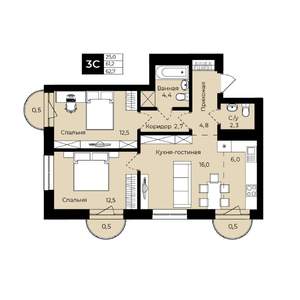 2-к квартира, вторичка, 63м2, 12/25 этаж