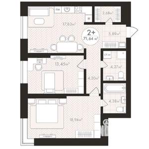 2-к квартира, строящийся дом, 72м2, 13/24 этаж