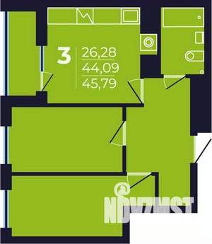 3-к квартира, строящийся дом, 46м2, 9/25 этаж