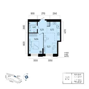 2-к квартира, вторичка, 47м2, 2/13 этаж