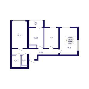 3-к квартира, строящийся дом, 76м2, 21/25 этаж