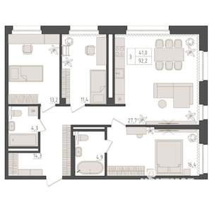 3-к квартира, вторичка, 92м2, 5/18 этаж