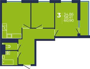 3-к квартира, строящийся дом, 60м2, 24/25 этаж