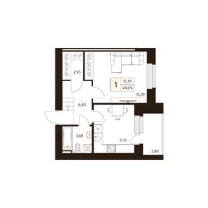 1-к квартира, строящийся дом, 40м2, 1/10 этаж