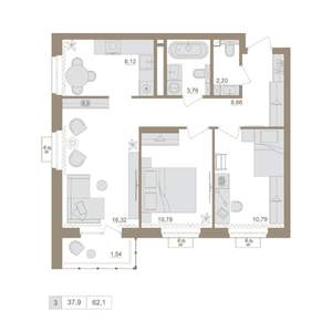 3-к квартира, вторичка, 62м2, 18/25 этаж