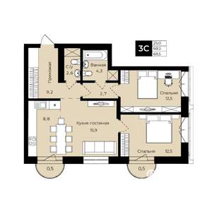 2-к квартира, вторичка, 70м2, 8/25 этаж