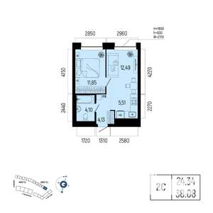 2-к квартира, вторичка, 38м2, 19/25 этаж