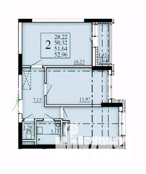 2-к квартира, строящийся дом, 52м2, 21/25 этаж