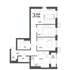 3-к квартира, вторичка, 71м2, 2/25 этаж