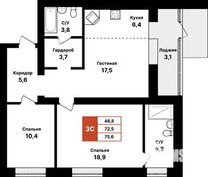 3-к квартира, вторичка, 76м2, 1/8 этаж