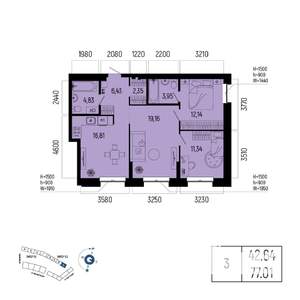 3-к квартира, вторичка, 77м2, 2/25 этаж