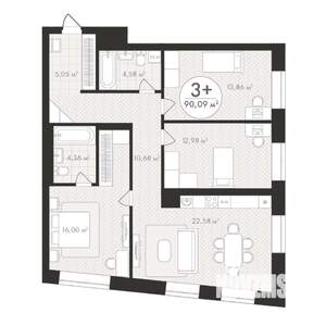 3-к квартира, строящийся дом, 90м2, 13/24 этаж