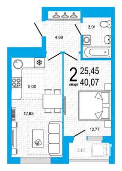 2-к квартира, вторичка, 40м2, 13/25 этаж