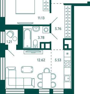 1-к квартира, строящийся дом, 43м2, 22/27 этаж