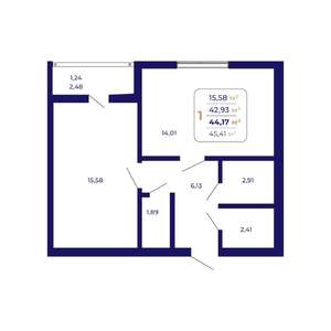 1-к квартира, строящийся дом, 44м2, 13/21 этаж