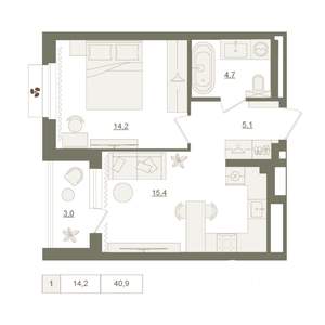 1-к квартира, вторичка, 41м2, 3/25 этаж
