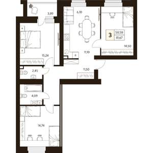 3-к квартира, строящийся дом, 82м2, 2/10 этаж