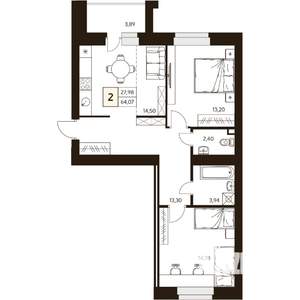 2-к квартира, вторичка, 64м2, 6/10 этаж