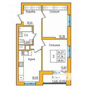 2-к квартира, строящийся дом, 48м2, 23/27 этаж