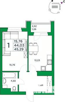 1-к квартира, вторичка, 44м2, 21/24 этаж