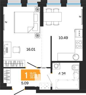 1-к квартира, вторичка, 36м2, 22/25 этаж