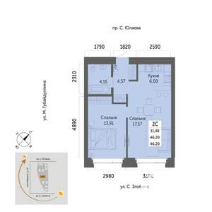 2-к квартира, вторичка, 46м2, 6/32 этаж