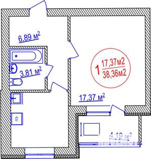 1-к квартира, строящийся дом, 38м2, 13/14 этаж