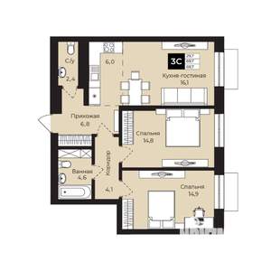 2-к квартира, вторичка, 70м2, 23/25 этаж