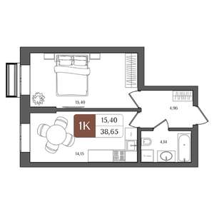 1-к квартира, строящийся дом, 39м2, 20/21 этаж