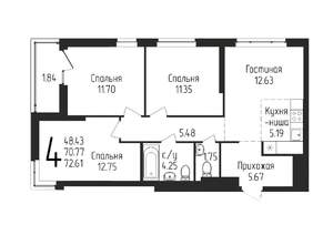 3-к квартира, строящийся дом, 73м2, 10/25 этаж