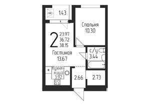 1-к квартира, строящийся дом, 38м2, 13/24 этаж