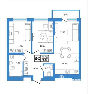 3-к квартира, вторичка, 61м2, 4/20 этаж