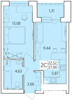2-к квартира, строящийся дом, 38м2, 22/25 этаж