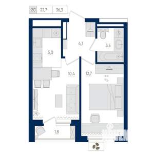 2-к квартира, вторичка, 36м2, 22/22 этаж