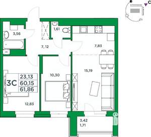 2-к квартира, вторичка, 60м2, 17/20 этаж