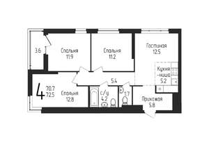 3-к квартира, строящийся дом, 73м2, 13/25 этаж
