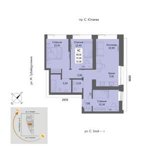 4-к квартира, вторичка, 74м2, 31/32 этаж