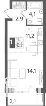 1-к квартира, строящийся дом, 34м2, 2/20 этаж