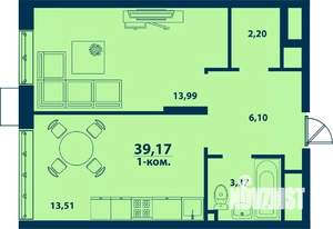 1-к квартира, строящийся дом, 39м2, 22/24 этаж