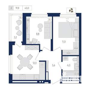 2-к квартира, вторичка, 43м2, 13/22 этаж