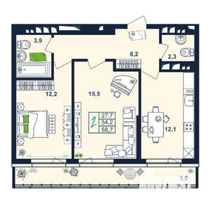 2-к квартира, строящийся дом, 59м2, 25/25 этаж