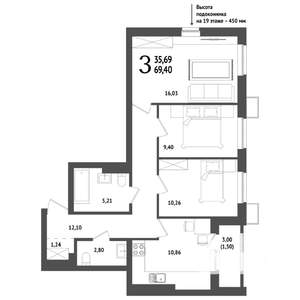 3-к квартира, вторичка, 69м2, 23/25 этаж