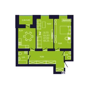 2-к квартира, строящийся дом, 67м2, 7/12 этаж