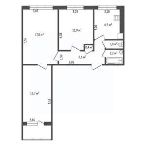 3-к квартира, вторичка, 60м2, 1/9 этаж